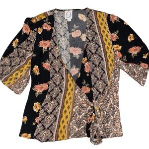 Blue Rain Floral Paisley Kimono Wrap Top Small Boho Mustard Black Tie Waist